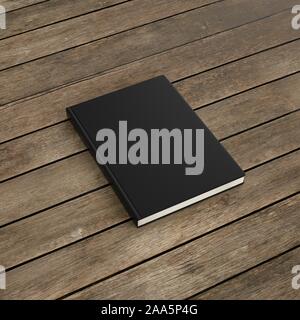 Mockup leere Abdeckung der schwarzen Buch auf Holzbrettern Hintergrund. Stockfoto