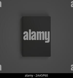 Leere schwarze Buch auf dunklem Hintergrund. Easy Cover mockup. Vorderansicht. Stockfoto