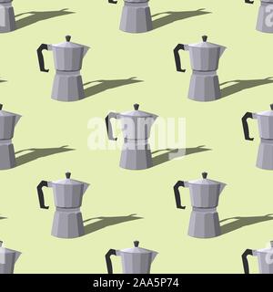 Nahtlose Muster mit italienischen Geysir Kaffeemaschinen auf grünem Hintergrund. Vektor flachbild Abbildung. Stock Vektor