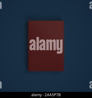 Leere granat Buch auf dunkelblauen Hintergrund. Easy Cover mockup. Vorderansicht. Stockfoto