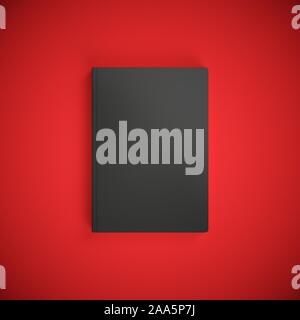 Leere schwarze Buch auf rotem Hintergrund. Easy Cover mockup. Vorderansicht. Stockfoto