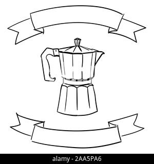 Italienische Geysir Kaffeemaschine mit einem dekorativen Band. Für Text platzieren. Vektor handgezeichnete Illustrationen. Stock Vektor