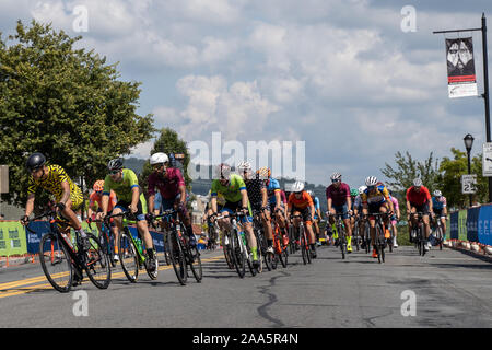 West Reading, PA, USA - August 3, 2019: Pack von Männern Radfahrer, Athleten in Radfahren Bike Race konkurrieren, Reiten in Richtung Kamera. Stockfoto