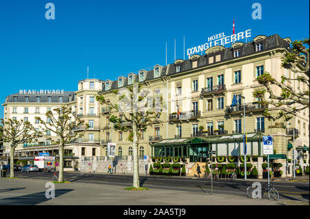 Schweiz, Genf, Quai Du Mont Blanc, Fünf Sterne Hotels Beau Rivage und d'Angleterre Stockfoto