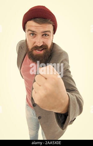 Schule des guten Benehmens. Tipps und Tricks gut aussehender Mann. Arrogante unhöfliche hipster Mann. Bärtige und stattlich. Selbstverbesserung Konzept. Bärtige hipster brutale Person. Was haben sie gesagt. Bully Hipster. Stockfoto