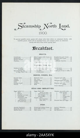 ILLUS, Zeichnung von DAMPFGARER STELLEN INNERHALB DES RAHMENS;;;;;;;; Frühstück [von] nördlichen Steamship Company/GREAT NORTHERN RY LINE statt. [At] an Bord der SS NORTH LAND (SS;) Stockfoto