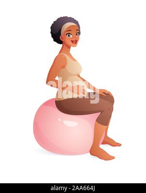 Schwangere afrikanische Frau sitzt auf der fitball. Schwangerschaft Vector Illustration. Stock Vektor