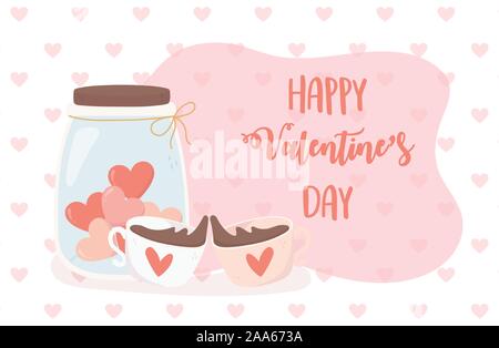 Happy Valentines Tag Glas mit Herz Schokolade Tassen Vector Illustration Stock Vektor