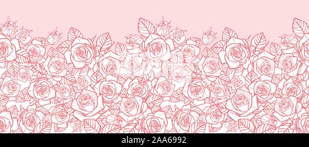 Vector pink monochrome Rosen und Blätter enthält horizontale Grenze. Perfekt für Grußkarten und Einladungskarten. Stock Vektor