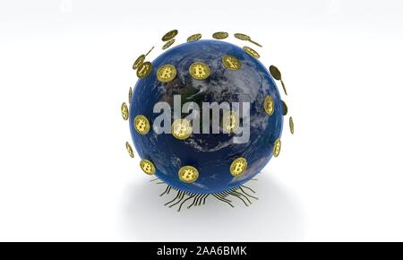 Bitcoin Ausgrabung Konzept weltweit, Hintergrund, 3D-Rendering Stockfoto