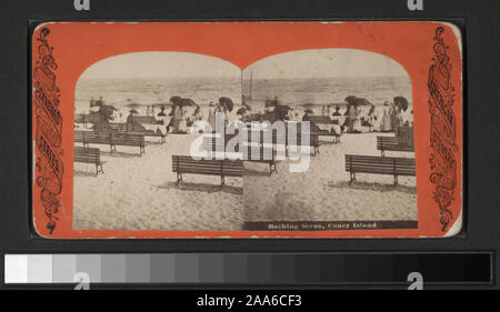 Blick von Anthony, Keystone, Strohmeyer & Wyman und andere Fotografen und Verlage. Robert Dennis Sammlung von stereoskopische Ansichten. Titel von Cataloger'. Blick auf Coney Island, Brighton und Manhattan Strände: am Strand, im Wasser, einer Ansicht, ertranken Junge, Rettern und Zuschauern, Bänke, Bügeleisen Pier, Oriental Hotel und ein Fahrgeschäft, das Razzle Dazzle bei Coney Island; Musik Pavillon, Spazierwege, Hotel Brighton, Feltman's Hotel in Brighton Beach, Manhattan Beach Hotel, Notenständer, Mautstelle auf Shell Straße.; Baden Szene, Coney Island. Stockfoto