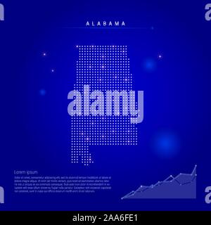 Alabama US-beleuchtete Karte mit leuchtenden Punkte. Infografiken Elemente. Dark Blue Space Hintergrund. Vector Illustration. Wachsende chart, Lorem ipsum Stock Vektor