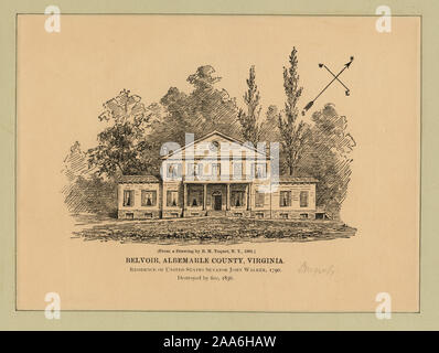 Druckgrafiker gehören H.B. Hall, Albert Rosenthal, Max Rosenthal. Verfasser ist David McNeely Stauffer. Titel aus dem Kalender von Emmet Sammlung. EM 1141; Belvoir, Albemarle County, Virginia, United States Senator John Walker, 1790, 1836 durch Brand zerstört. Stockfoto