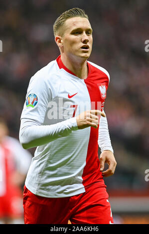 Warschau, Polen. Nov, 2019 19. Piotr Zielinski aus Polen in Aktion während der Euro 2020 Qualifiers (Gruppe G) Übereinstimmung zwischen Polen und Slowenien gesehen. (Endstand 3:2; Polen Slowenien) Credit: SOPA Images Limited/Alamy leben Nachrichten Stockfoto