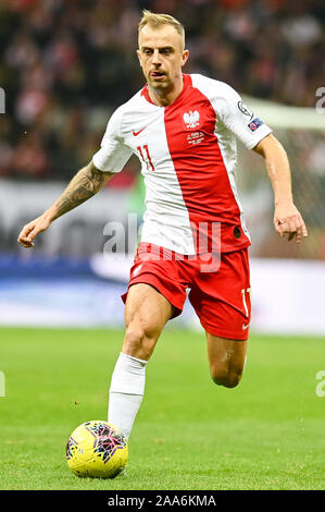 Warschau, Polen. Nov, 2019 19. Kamil Grosicki aus Polen in Aktion während der Euro 2020 Qualifiers (Gruppe G) Übereinstimmung zwischen Polen und Slowenien gesehen. (Endstand 3:2; Polen Slowenien) Credit: SOPA Images Limited/Alamy leben Nachrichten Stockfoto