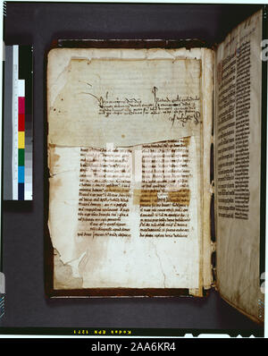 In de Ricci, Seymour, Volkszählung Handschriften des Mittelalters und der Renaissance in den Vereinigten Staaten und Kanada aufgeführt. New York. New York: H.W. Wilson, 1935; und Ergänzen, New York, N.Y.: Bibliographische Gesellschaft von Amerika, 1962. Eigentum: 16. April 1486 von Pyatardi (?), Kantor und Kanon der Kathedrale von St. Maurice, Vienne, Pater Johannes Burgensis, des Klosters Dominae Nostrae Eige n tum vor Chisas Gardiano. Bei William R. Williams Verkauf, 1896 gekauft. 1 Hand; unterschiedliche Feststellung Hände auf w. v Scribal Mark am unteren linken der Charta? 22-44 Zeilen in bis zu drei Spalten, in Bleistift, prickings ausgeschlossen und gelegentliche Stockfoto