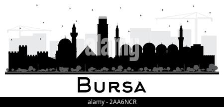 Bursa Türkei Skyline der Stadt Silhouette mit schwarzen Gebäude isoliert auf Weiss. Vector Illustration. Stock Vektor
