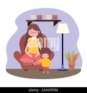 Mon und Sohn im Wohnzimmer Happy Thanksgiving Feier Vector Illustration Stock Vektor