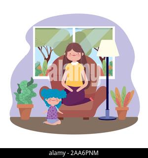 Mutter und Tochter im Wohnzimmer Happy Thanksgiving Feier Vector Illustration Stock Vektor