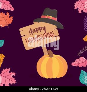 Happy Thanksgiving Tag Kürbis Holzschild Pilgrim hat Herbst Laub Vector Illustration Stock Vektor