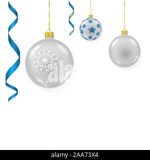 Der Vektor bunte Glas Christbaum Kugeln hängen auf goldfarbenen Ösen. Stock Vektor