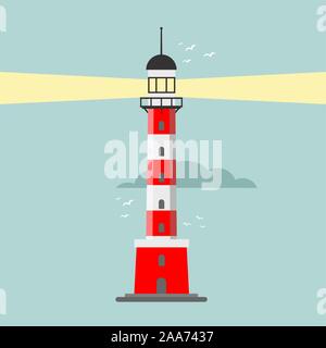 Vektor cartoon Flachbild Leuchtturm. Suchscheinwerfer Turm für maritime Navigation Anleitungen Stock Vektor