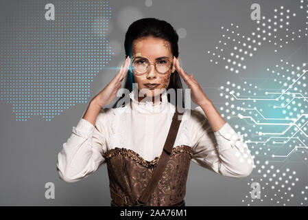 Steampunk Frau berühren Gläser auf Grau mit digitale Illustration isoliert Stockfoto