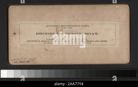 Mit einer Hand - farbige Anzeigen. Robert Dennis Sammlung von stereoskopische Ansichten. Einige Ansichten haben steuerstempel angebracht. Titel von Cataloger'. Blick auf den Hafen von New York: Fähren, Segelschiffe, Piers und Kaianlagen, Dampfschiffe, einschließlich der Vorsehung und mit Blick auf den Innenbereich, schwebenden Getreidesilos, Lastkähne, Werften, Männer aus dem französischen Mann-von-Krieg Landung in einem dory an der Batterie, die US Barge Office und den Versand news Büro des New York Herald, der Fuß der Whitehall Street, Soldaten auf einen italienischen Mann-von-Krieg mit Bajonetten, Fort Lafayette, Governors Island.; Brooklyn Fähre. Stockfoto