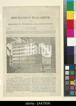 Zitat/Bezug: Eno 144 Von der Mechanik" Magazin und Registrieren von Erfindungen und Verbesserungen, v. 1, Nr. 1 Jan. 1833.; Gebäude beschriftete Holt's Hotel Stockfoto