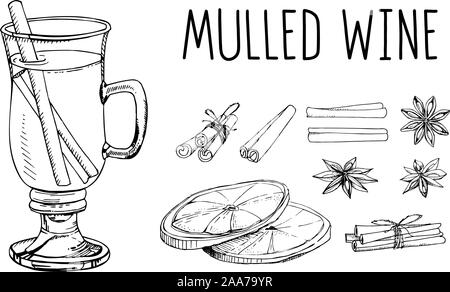 Satz von Hand gezeichnet Vektor Elemente isoliert auf Weiss. Glühwein mit Gewürzen und Zitrusfrüchte. Traditionelle winter alkoholische und nicht alkoholische Getränke. Beliebte Christma Stock Vektor