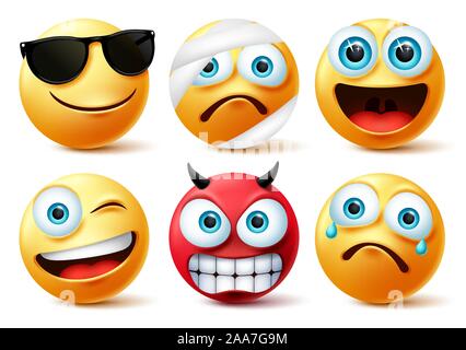 Smiley Emoticon oder emoji Gesicht Vektor einrichten. Smileys gelbes Gesicht Symbol und Emoticons in Teufel, verletzt, Überraschung, wütend und lustige Gesichtsausdrücke. Stock Vektor