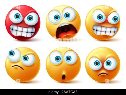 Smileys emoticons Gesicht Vektor einrichten. Smiley gelbes Symbol und emoticon Gesichter mit verärgerten Rot, Überraschung, niedlich, verrückte und lustige Gesichtsausdrücke Design. Stock Vektor