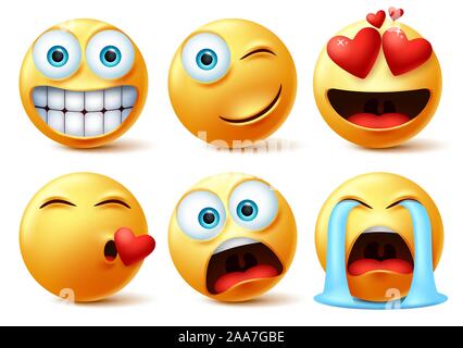 Smileys emojis und Emoticons Gesicht Vektor einrichten. Smiley Symbol oder Emoticon von niedlichen gelben Gesichter in Kissing, in Liebe, Weinen, Überraschung, und glücklichen Gesicht. Stock Vektor