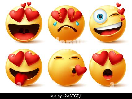 Smiley Emoticon und emoji mit Herz vektor Gesichter. Smileys Emoticons von roten Herzen in Liebe, gebrochen, Küssen, lassen Sie sich überraschen und lustig niedlich. Stock Vektor