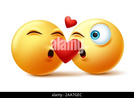 Smileys, Emoticons oder emoji von Paar küssen Gesichter vector Konzept. Valentines smiley emojis Küssen und in der Liebe mit Herz Element in weißen Hintergrund. Stock Vektor