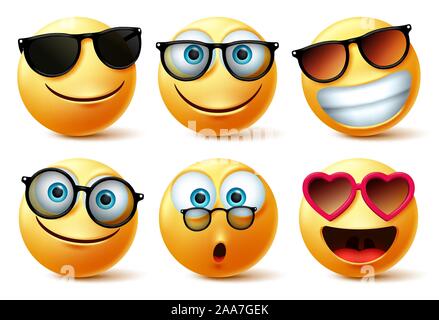 Smileys emoji oder emoticon Gesichter tragen Sonnenbrillen und Brillen Vektor einrichten. Smileys, Emoticons oder Symbol Gesicht Kopf in Überraschung, niedlich, glücklich. Stock Vektor