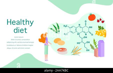 Vector Illustration mit Menschen, gesunde Lebensmittel, die reich an Vitaminen. Gesunde Lebensweise, richtige Ernährung, Diät Konzept. Vitamin B2-Quellen. Design für Ap Stock Vektor