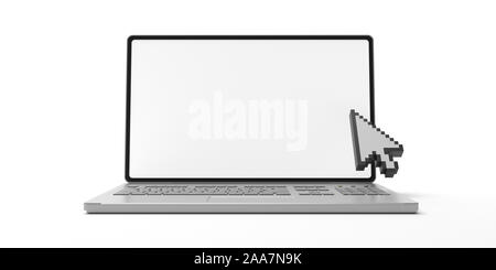 Computer cursor Zeiger auf einem Laptop Bildschirm, vor weißem Hintergrund. Pixel Pfeilspitze Form Mauszeiger. 3D-Darstellung Stockfoto