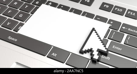 Cursor Zeiger auf ein leeres weißes Papier, Computer Tastatur Hintergrund. Pixel Pfeilspitze Form Maus, kopieren. 3D-Darstellung Stockfoto