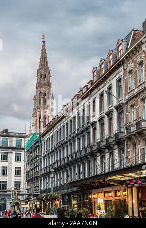 Brüsseler Altstadt/Belgien - 07. 18. 2019: Panoramablick Oof der Maus Straße bei La Bourse mit der Turm des Rathauses im Hintergrund Stockfoto