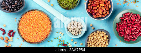 Hülsenfrüchte, Overhead Panorama-aufnahme auf blauem Hintergrund. Lebendige Impulse einschließlich bunte Bohnen, Linsen, Kichererbsen, eine flache Komposition legen Stockfoto