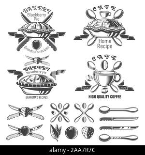 Satz von verschiedenen Torten mit Bändern. Logo und Design Elemente für Bäckerei, Konditorei, Menü, Cafe oder Geschäft Stock Vektor