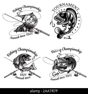 Einstellen der Fischerei Etiketten mit Hecht Stör Lachs Zander Fisch mit gekreuzten Angelrute bend im engrving Stil. Etikett für Angeln, Meisterschaft Stock Vektor
