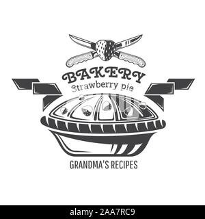 Erdbeertorte zwischen Bänder mit Berry und Messer. Logo für Bäckerei, Konditorei, Menü oder Business Stock Vektor