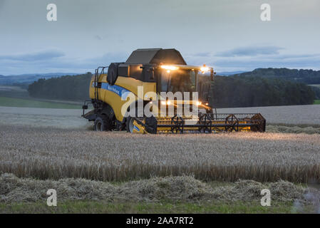 Abend die Kombination einer Ernte von Gerste in der Nähe von Lauder, Berwickshire, Scottish Borders. Stockfoto