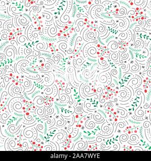Hand gezeichnet Bunte Folk Doodle Weihnachten Laub, Rot Stechpalme Beeren, Mistltoe, Tanne und Kiefer Niederlassungen auf weißem Hintergrund Vektor nahtlose Muster Stock Vektor