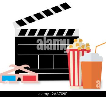 Kino Design. Film Abbildung mit Popcorn, Wasser, Gläser. Zeit des Films. Vector Illustration Stock Vektor