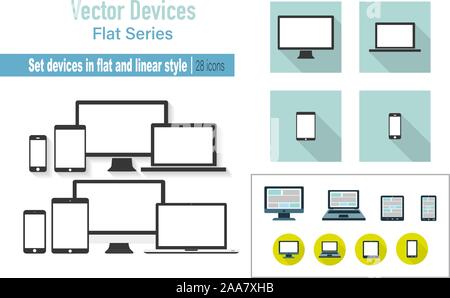 Einstellen des Geräts. Laptop monitor Tablet und Handy in Wohnung oder lineare Design. Vector Illustration Stock Vektor