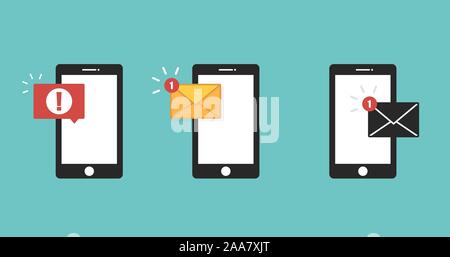 E-Mail-Benachrichtigung Konzept. Sms Fehler rot gefärbt. Symbol massage Set. Neuer SMS-Nachrichten auf dem Smartphone. Abbildung: in flacher Ausführung. Vector Illustration Stock Vektor