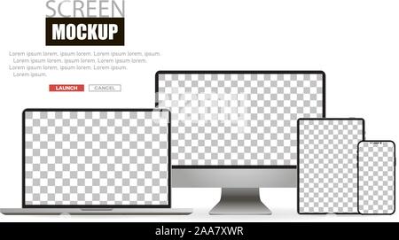Mockup realistische Gerät. Eingestellt von Notebook, Tablet-PC, Computer und Handy. Vector Illustration Stock Vektor